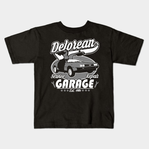 Delorean Garage Kids T-Shirt by absolemstudio